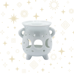 Quemador de aceite blanco con diseño de fases lunares para aromaterapia y rituales espirituales