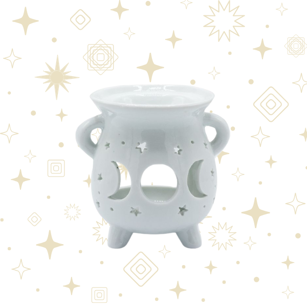 Quemador de aceite blanco con diseño de fases lunares para aromaterapia y rituales espirituales