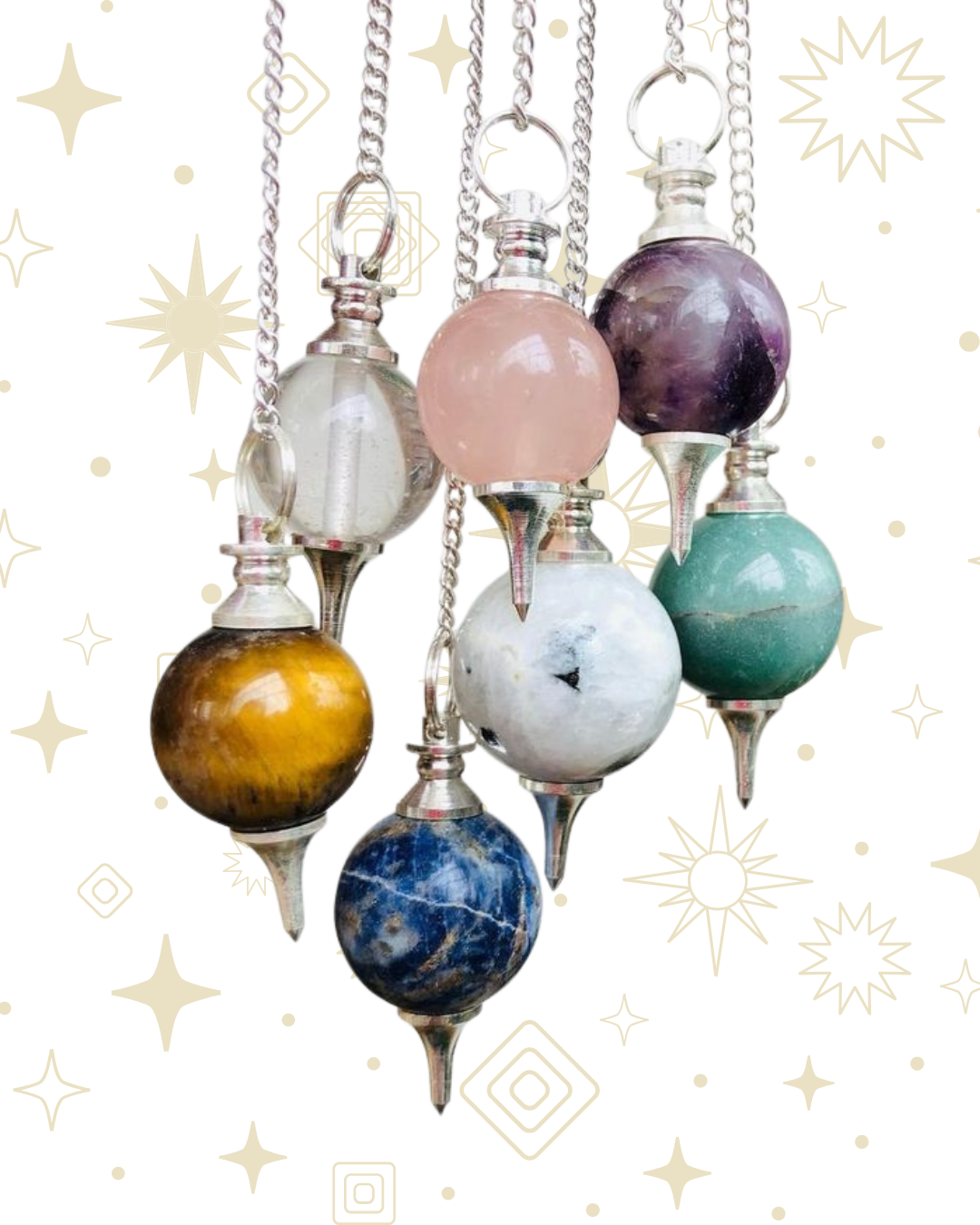 Péndulo esférico de mineral natural con cadena, ideal para rituales, canalizaciones y equilibrio de chakras