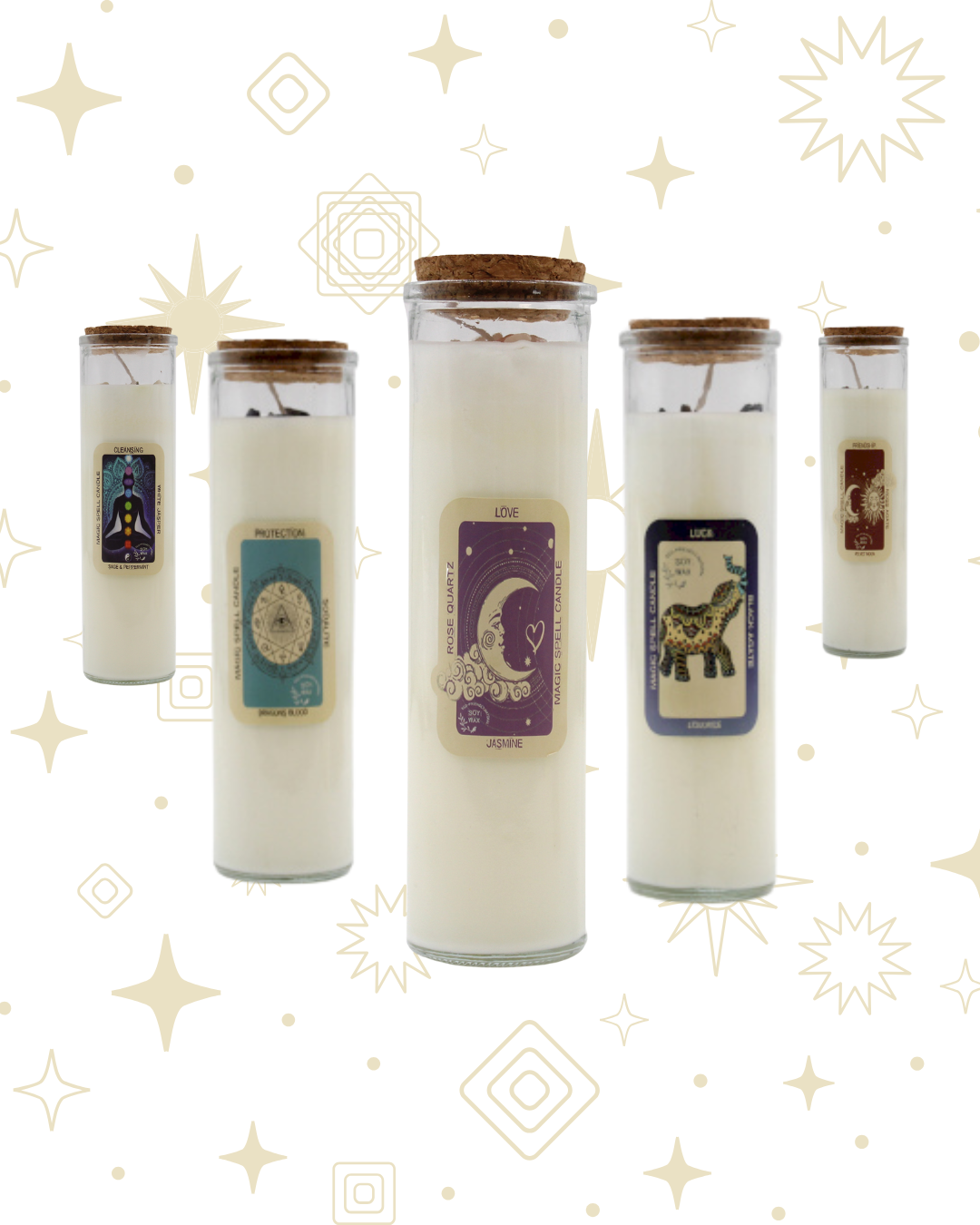 Velón esotérico blanco en frasco de 280g con minerales, ideal para rituales de éxito, peticiones espirituales y trabajos de prosperidad